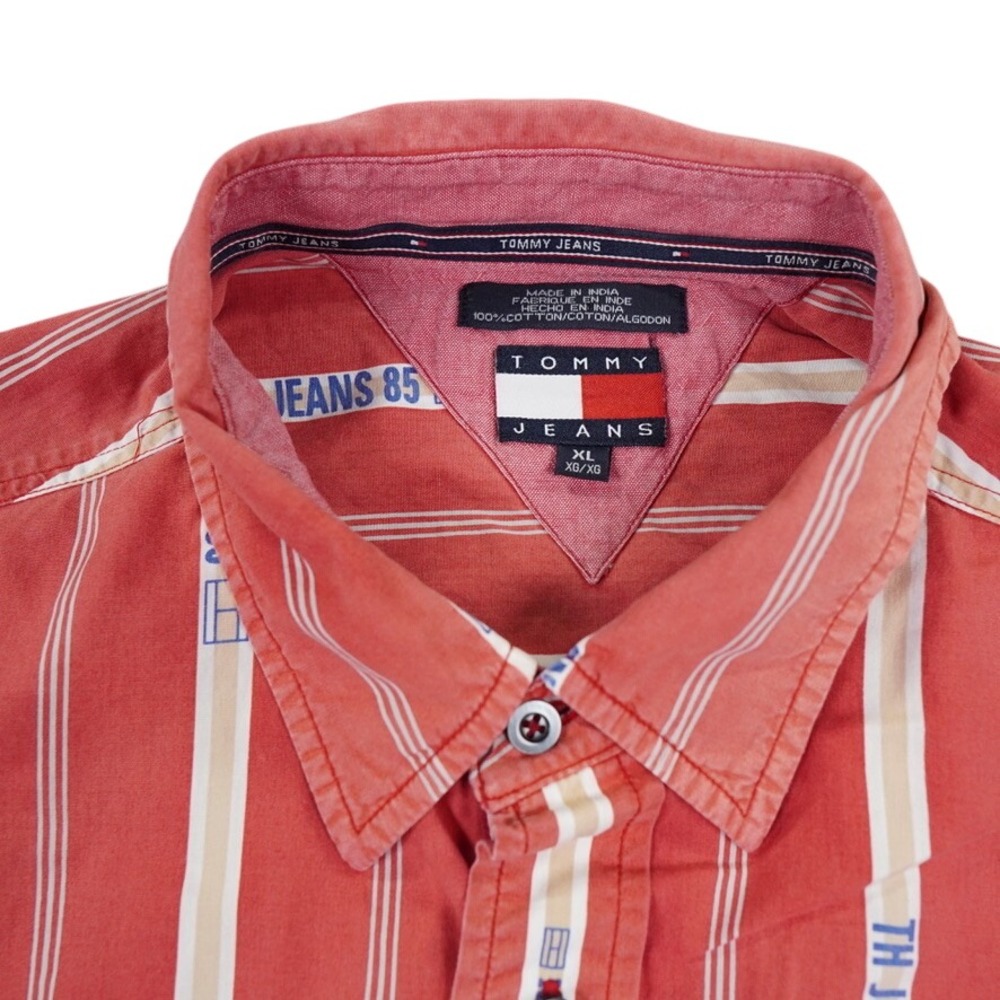 Vintage Y2K Tommy Jeans Shirt Mens XL Red Stripe Spellout Flag 85 Button Up